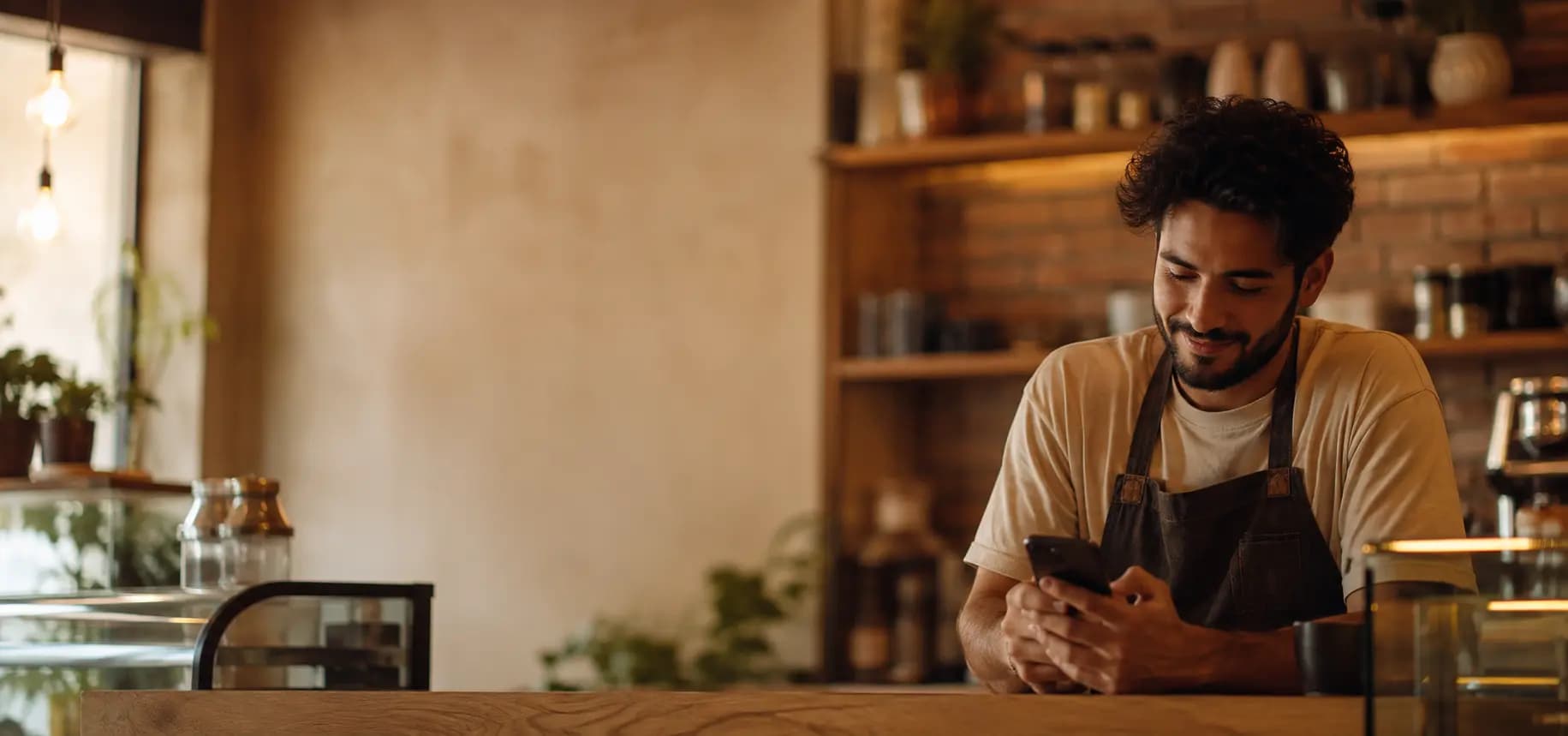 A café owner smiling at his phone behind the counter of his shop