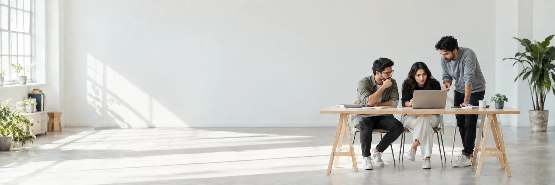 Three people at a small agency working together around a shared desk, looking at one laptop