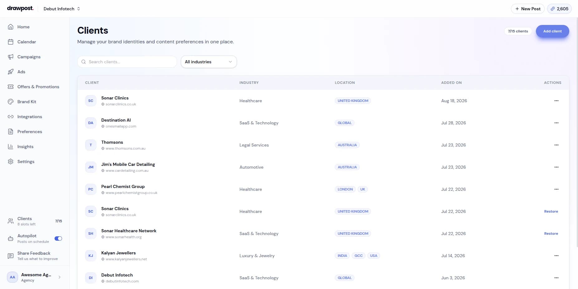 DrawPost's client list showing an agency's roster — each client with its own industry, location and brand identity, managed from one dashboard