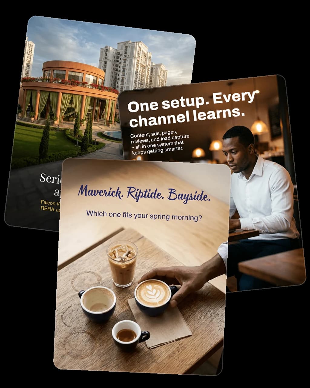 Three generic AI-written posts for three different businesses — a coffee shop, a property developer and a software product — all built to the same formula of stock photo plus overlaid headline